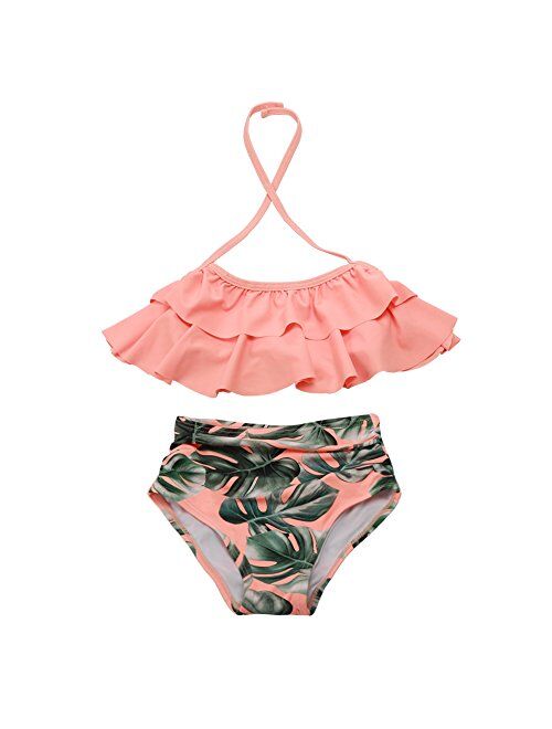 XUNYU Girls Swimsuit Falbala High Waisted Bathing Suit Halter Neck Bikini Swimwear