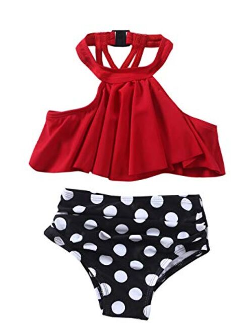 XUNYU Girls Swimsuit Falbala High Waisted Bathing Suit Halter Neck Bikini Swimwear