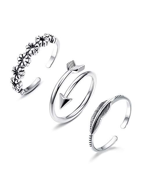 JOERICA 3 Pcs Silver Adjustable Open Rings Women Feather Thumb Stackable Knuckle Ring Sideways Arrow Horizontal Ring