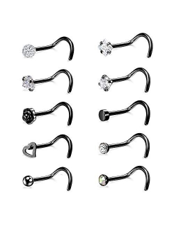 JOERICA 10 Pcs 20G Stainless Steel Screw Nose Studs Rings CZ Labret Silver Gold Nose Stud Piercing Jewelry Set