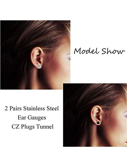 JOERICA 2 Pairs Stainless Steel Ear Gauges CZ Plugs Tunnel Ear Expander Stretcher Piercing