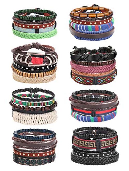 JOERICA 32-35 Pcs Braided Bracelet for Women Men Woven Leather Wristbands Boho Ethnic Style Tribal Linen Hemp Cords Wrap Bracelets Set Handmade String Jewelry