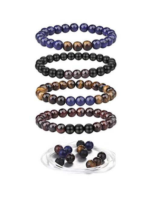 JOERICA 4 Pcs Tiger Eye Bead Bracelet for Men Women Lave Rock Stone White Turquoise Yoga Beads Bracelets Extra Beads Gift