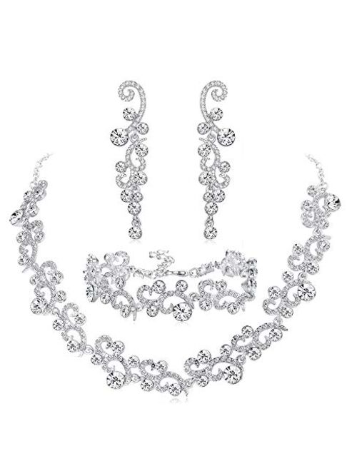 JOERICA Rhinestone Necklace and Earrings Set for Women Wave Flower Fashion Costume Jewelry