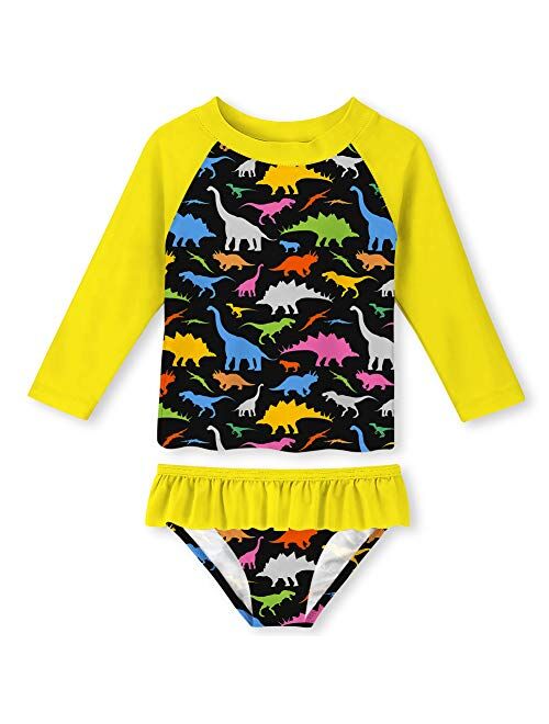 uideazone Little Girls 2-Piece Swimsuit Set Long Sleeve Rash Guard Bathing Suit with UPF 50+ Sun Protection