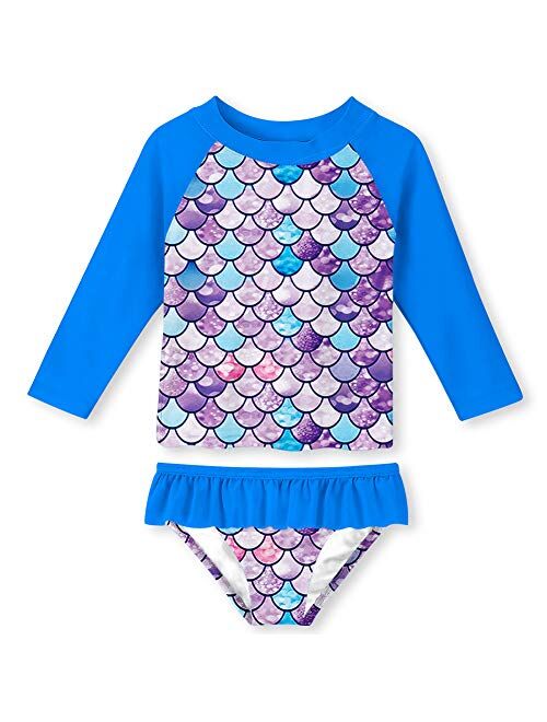 uideazone Little Girls 2-Piece Swimsuit Set Long Sleeve Rash Guard Bathing Suit with UPF 50+ Sun Protection