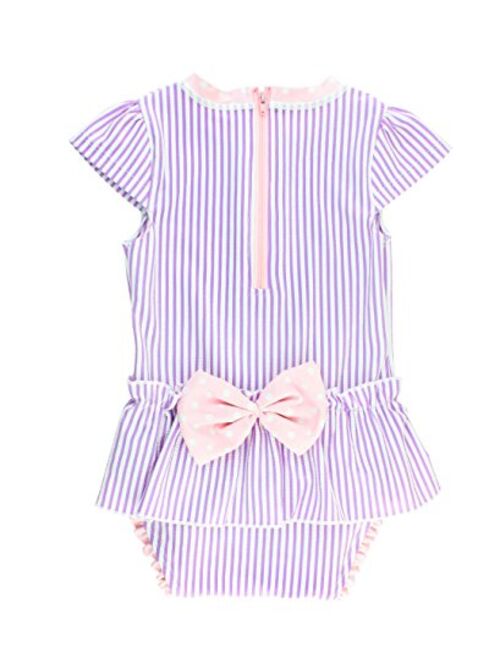 RuffleButts Infant/Toddler Girls Peplum Short Sleeve One Piece Swimsuit UPF 50+ Sun Protection