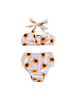 2Pcs Set Toddler Baby Girl Swimsuit Floral Leopard Ruffle Swimwear Bikini Tankini Sunsuit