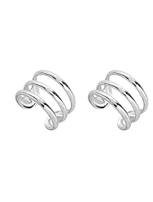 925 Sterling Silver Three (3) Band No Pierce Ear Cuff Wrap Earrings, Set of Two (2), 9 x 6mm