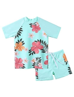 Girls Two Piece Swimsuit Floral UPF 50+ Rash Guard Set Kids Swimwear