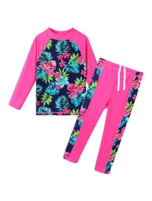 Girls Two Piece Swimsuit Floral UPF 50+ Rash Guard Set Kids Swimwear