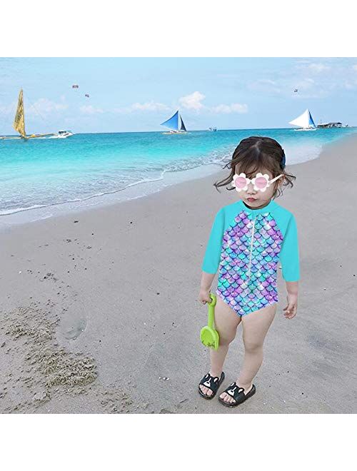 Fanient Girls Rashguard Swimsuit Quick Dry Swimwear UPF 50+ Long Sleeve One Piece Bathing Suit with Zipper 1-6T