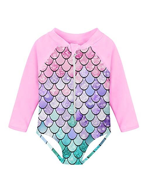 Fanient Girls Rashguard Swimsuit Quick Dry Swimwear UPF 50+ Long Sleeve One Piece Bathing Suit with Zipper 1-6T