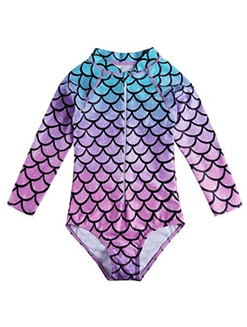 Fanient Girls Rashguard Swimsuit Quick Dry Swimwear UPF 50+ Long Sleeve One Piece Bathing Suit with Zipper 1-6T