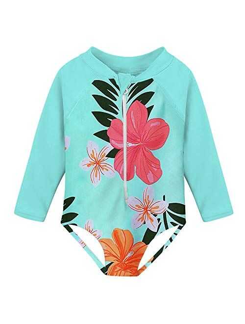 Fanient Girls Rashguard Swimsuit Quick Dry Swimwear UPF 50+ Long Sleeve One Piece Bathing Suit with Zipper 1-6T