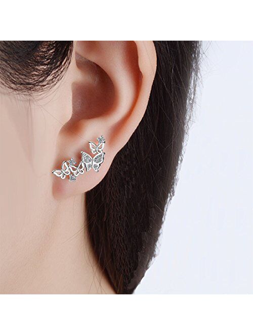 YOQUCOL Silver Tone 3D Butterfly Zirconia Crystal Ear Vine Climber Wrap Earrings For Women Girls