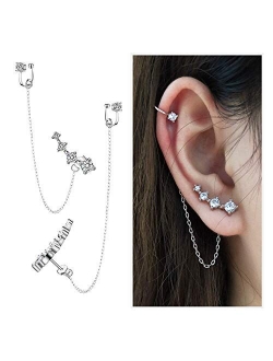 CZ 925 Sterling Silver 14K Gold Plated Ear Crawler Hypoallergenic 4 Crystals Stud Earring with Chain Threader Earrings for Women