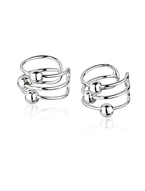 925 Sterling Silver Bar Bands w/Ball Beads No Pierce Ear Cuff Wrap Earrings, Set of Two (2) 6x10mm