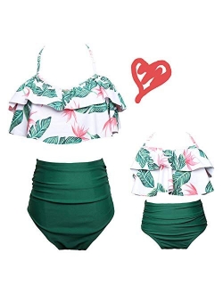 2Pcs Mommy and Me Matching Family Swimsuit Ruffle Women Swimwear Kids Children Toddler Bikini Bathing Suit Beachwear Sets