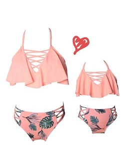 2Pcs Mommy and Me Matching Family Swimsuit Ruffle Women Swimwear Kids Children Toddler Bikini Bathing Suit Beachwear Sets