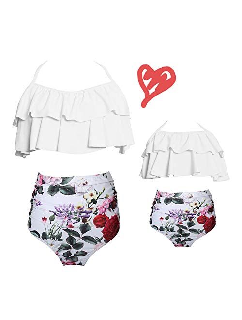 2Pcs Mommy and Me Matching Family Swimsuit Ruffle Women Swimwear Kids Children Toddler Bikini Bathing Suit Beachwear Sets