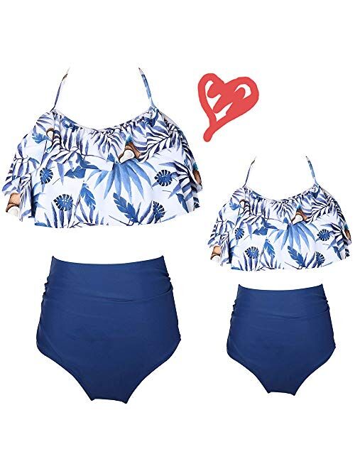 2Pcs Mommy and Me Matching Family Swimsuit Ruffle Women Swimwear Kids Children Toddler Bikini Bathing Suit Beachwear Sets