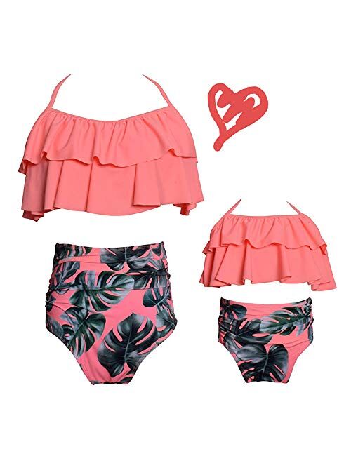 2Pcs Mommy and Me Matching Family Swimsuit Ruffle Women Swimwear Kids Children Toddler Bikini Bathing Suit Beachwear Sets