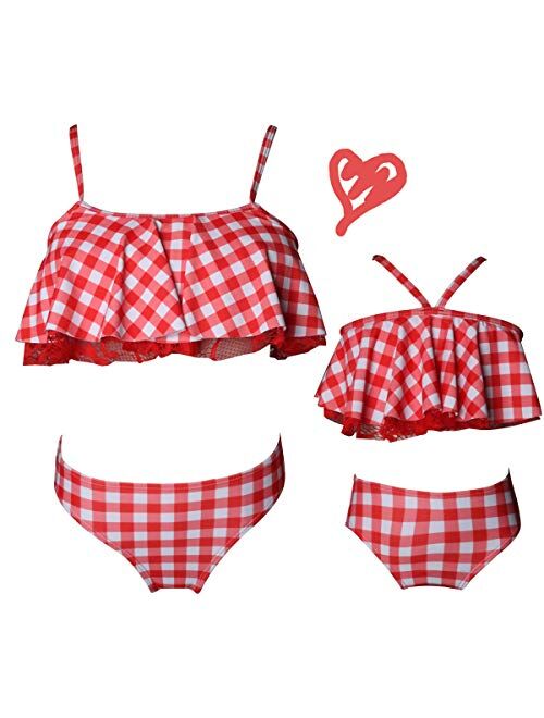 2Pcs Mommy and Me Matching Family Swimsuit Ruffle Women Swimwear Kids Children Toddler Bikini Bathing Suit Beachwear Sets