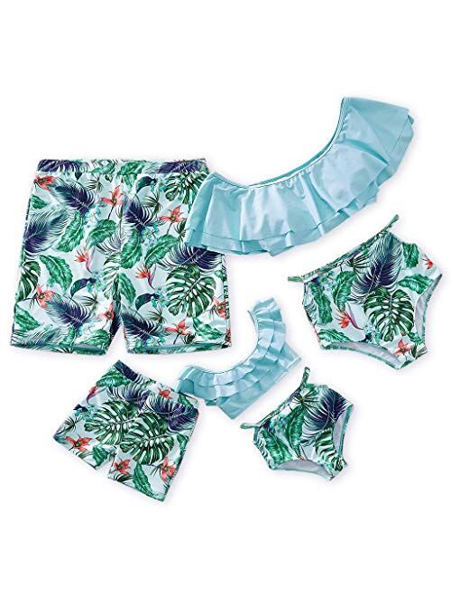 IFFEI Family Matching Swimwear Two Pieces Bikini Set Newest Printed Ruffles Mommy and Me Bathing Suits