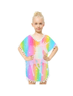 Sylfairy Unicorn Cover Up for Girls Rainbow Swimwear Coverups Swimsuit Beach Dress Top with Pompom Tassel