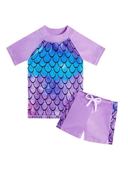 AIDEAONE 3-8 Years Girls UPF 50+ Rash Guard Set Short Sleeve Two Piece Swimsuit Bathing Suit Beach Swimwear