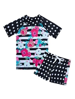 AIDEAONE 3-8 Years Girls UPF 50+ Rash Guard Set Short Sleeve Two Piece Swimsuit Bathing Suit Beach Swimwear