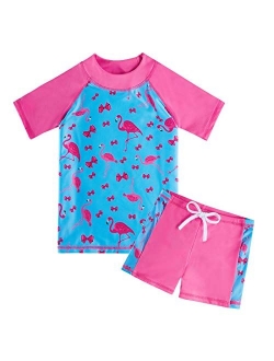 AIDEAONE 3-8 Years Girls UPF 50+ Rash Guard Set Short Sleeve Two Piece Swimsuit Bathing Suit Beach Swimwear