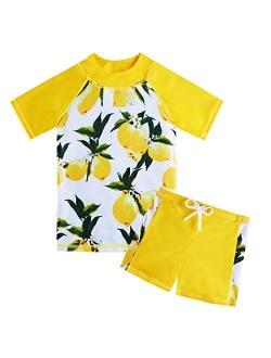 AIDEAONE 3-8 Years Girls UPF 50+ Rash Guard Set Short Sleeve Two Piece Swimsuit Bathing Suit Beach Swimwear