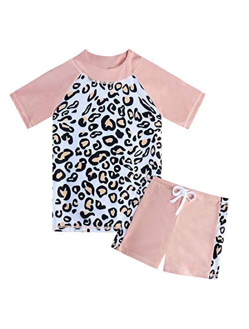 AIDEAONE 3-8 Years Girls UPF 50+ Rash Guard Set Short Sleeve Two Piece Swimsuit Bathing Suit Beach Swimwear