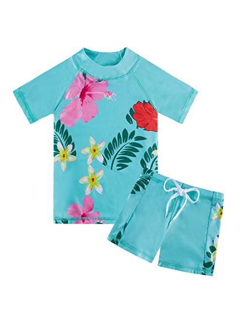 AIDEAONE 3-8 Years Girls UPF 50+ Rash Guard Set Short Sleeve Two Piece Swimsuit Bathing Suit Beach Swimwear