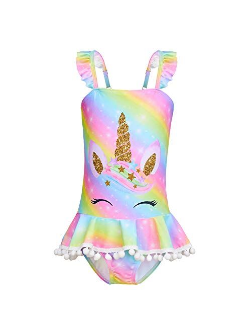 MHJY Girls One Piece Swimsuits Swimwear Unicorn Mermaid Bathing Suit Ruffle Beachwear with Pompoms