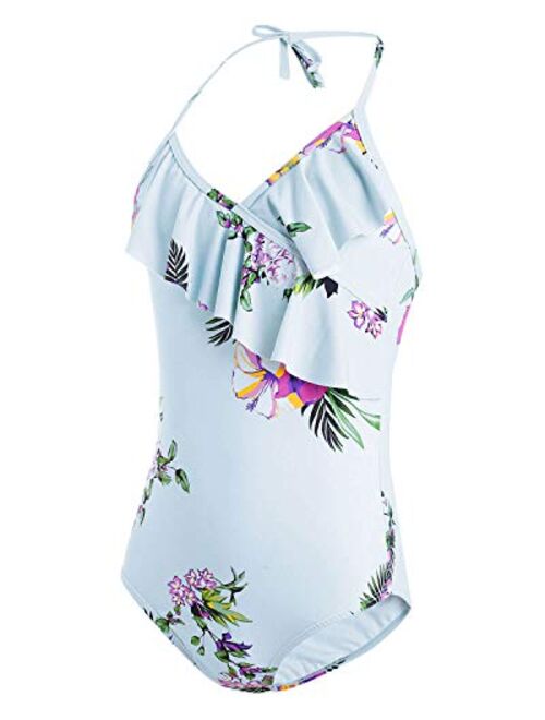 AS ROSE RICH Girls Swimsuits - Bathing Suits for Girls 7-16 UPF50+ One Piece Ruffle Swimwear