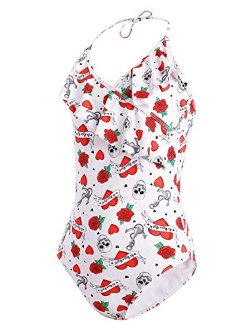 AS ROSE RICH Girls Swimsuits - Bathing Suits for Girls 7-16 UPF50+ One Piece Ruffle Swimwear