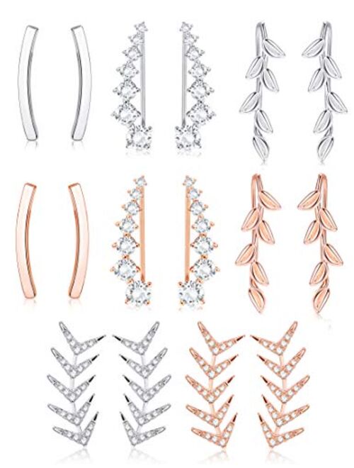 FUNRUN JEWELRY 8 Pair Ear Cuff Hoop Climber Earring CZ Arrow Leaf Crawler Earring Set for Women Ear Jacket