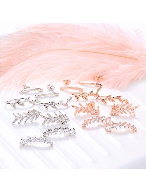 FUNRUN JEWELRY 8 Pair Ear Cuff Hoop Climber Earring CZ Arrow Leaf Crawler Earring Set for Women Ear Jacket