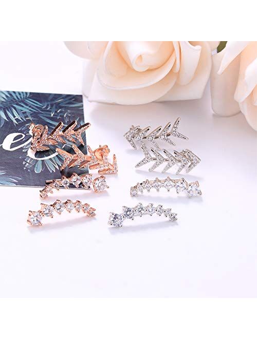 FUNRUN JEWELRY 8 Pair Ear Cuff Hoop Climber Earring CZ Arrow Leaf Crawler Earring Set for Women Ear Jacket