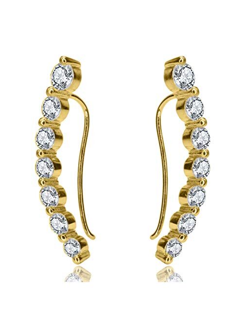 AceLay 14k Gold Plated Sterling Silver Ear Climber - Cuff Earring Filled With Cubic Zirconia CZ Stones | Hypoallergenic Earring Ear Crawler Earrings For Women