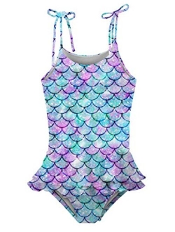 Girls One-Piece Swimsuit Adjustable Straps Tankini Swimwear Ruffled Bathing Suit with Sun Protection 3-9 Years Old