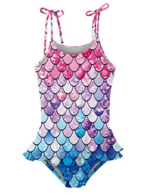 Girls One-Piece Swimsuit Adjustable Straps Tankini Swimwear Ruffled Bathing Suit with Sun Protection 3-9 Years Old