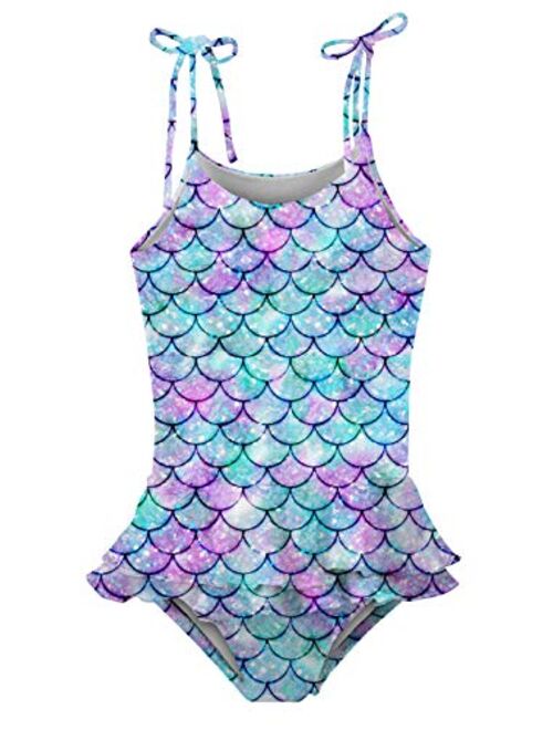 Girls One-Piece Swimsuit Adjustable Straps Tankini Swimwear Ruffled Bathing Suit with Sun Protection 3-9 Years Old