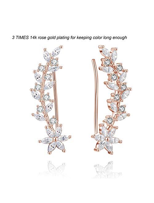 Ear Crawler Earrings Ear Climber 14k Gold Plated 925 Sterling Silver Flower Ear Cuff Wedding Earrings