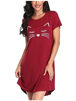 EISHOPEER Women's Sleepwear Cute Printed Cotton Sleep Shirts Short Sleeve Scoop Neck Nightgown S-XXL