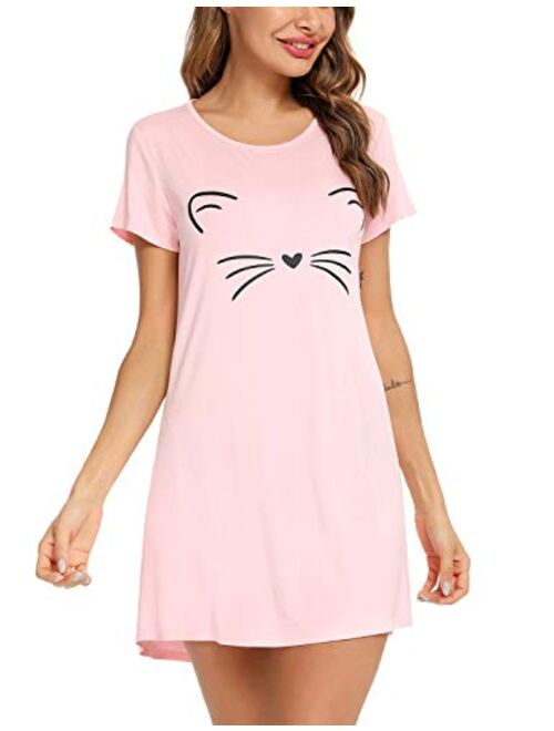 EISHOPEER Women's Sleepwear Cute Printed Cotton Sleep Shirts Short Sleeve Scoop Neck Nightgown S-XXL