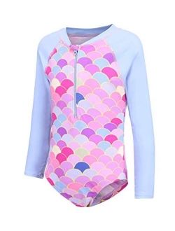 Girls Long Sleeve Rash Guard One Piece Swimsuit Kids UPF 50+ Sun Protection Swimwear Rainbow Striped Bathing Suit 3-14 Years